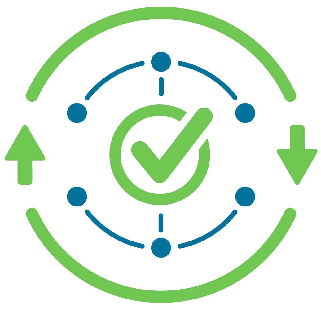 Kreisförmige Pfeile mit Häkchen zeigen sicheren Datenfluss an