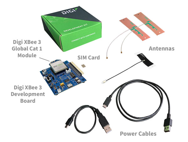 XBee 3 Entwicklungsboard, Antennen, SIM-Karte, XBee 3 Modul, USB-Kabel