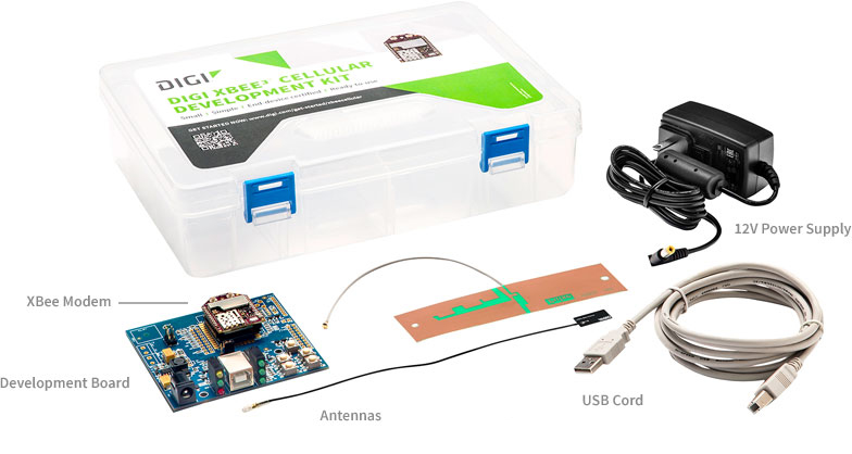 Entwicklungsboard, Antenne, XBee-Modem, 12V-Netzteil, USB-Kabel