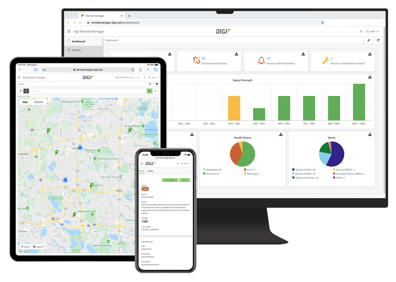 Digi Remote Manger Dashboard auf PC, Tablet und Telefon