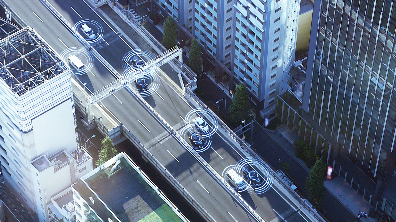 Vernetzte Fahrzeuge auf den Straßen der Stadt