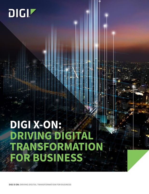 Titelblatt des Digi X-ON-Lösungsbriefs mit dem Titel "Driving Digital Transformation for Business", der eine digitale Stadtlandschaft mit leuchtenden Linien zeigt.