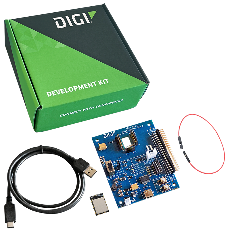 Digi XBee mit Leiterplatte, USB-Kabel, Antennendraht und Modul