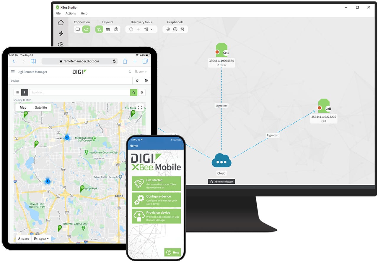 Tablet, Smartphone und Desktop mit Digi XBee Software mit Karten, Gerätemanagement und Cloud-Verbindungen