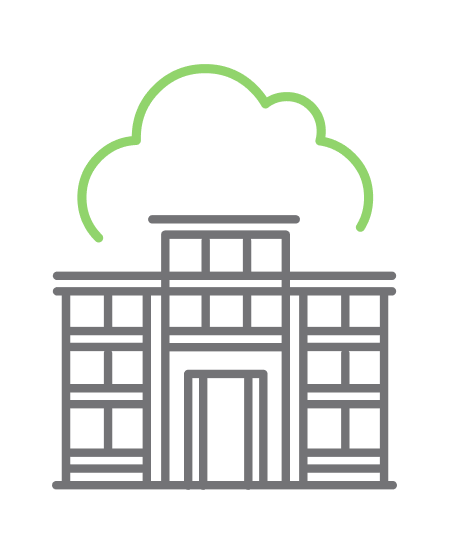 Ein Gebäude, das mit der Cloud verbunden ist und die lokale Infrastruktur repräsentiert.