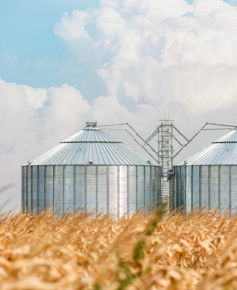 Getreidesilos auf einem Feld mit blauem Himmel und Wolken.