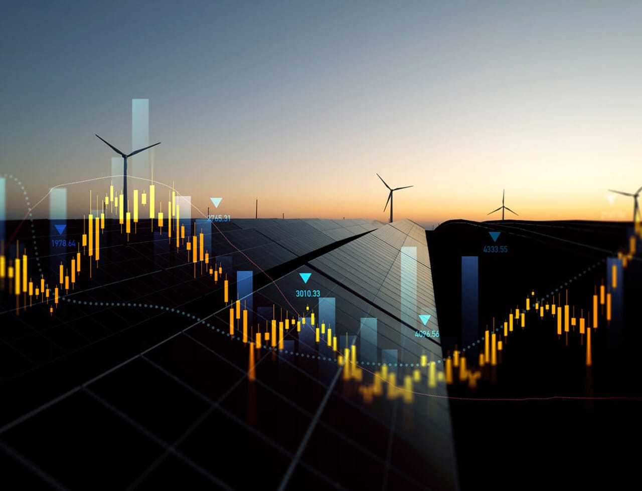Sonnenkollektoren und Windkraftanlagen bei Sonnenuntergang, überlagert von Diagrammen mit Energiemarktdaten, die Analysen zum intelligenten Stromnetz darstellen.
