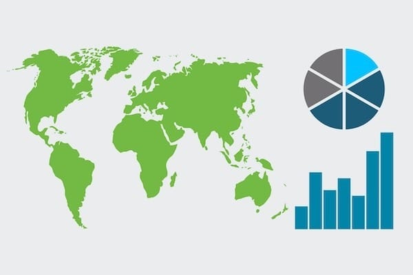 Weltkarte mit Kreisdiagramm und Balkendiagramm zur Darstellung globaler Datenanalysen